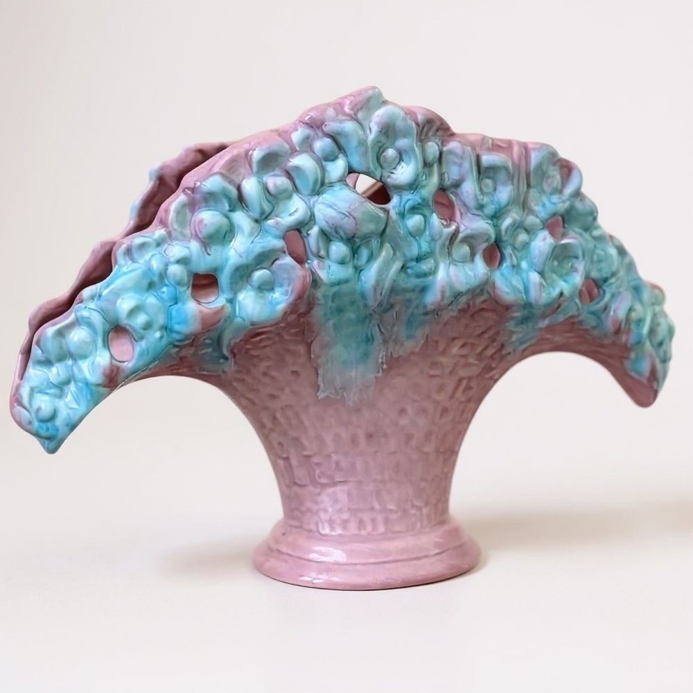 Royal Haeger Fan Vase Pink Blue Flower Basket Planter Vintage 1940s R386 USA - Picture 1 of 14